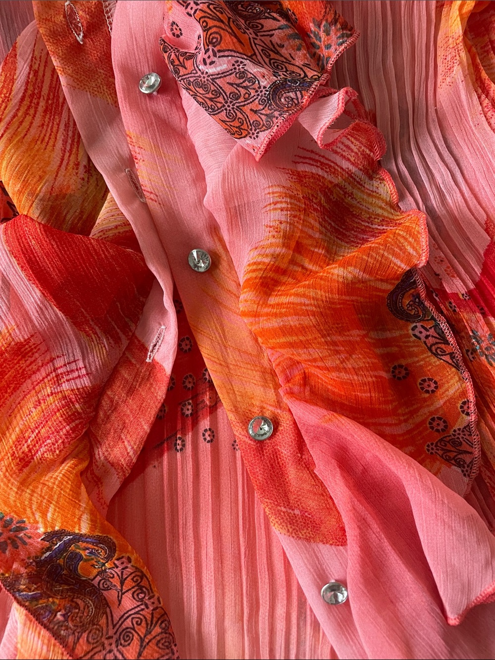 Ruffled Pink-Red Sheer Blouse with Floral Accents - Picture 3 of 4